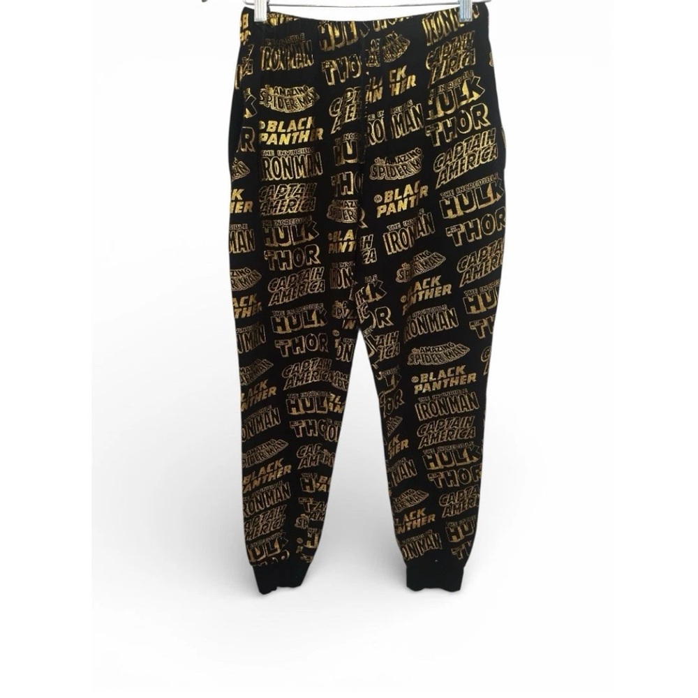 Marvel Black W/Gold Foil Logos Sleeper Pants Joggers 8 Superhero Avengers Sm